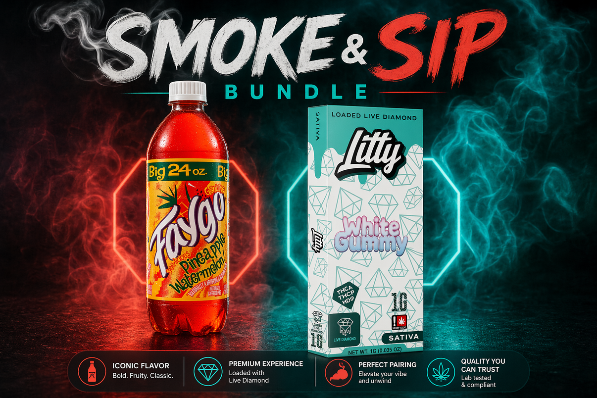 SmokeShows Smoke & Sip bundle featuring assorted smoking accessories and beverage items in a colorful, organized display.