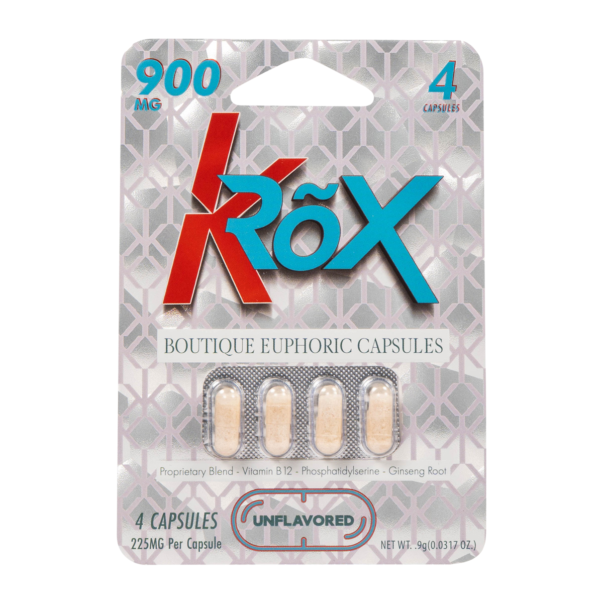 SmokeShows KRox “Special” Capsules, 900MG total, four capsules in a blister pack, featuring dark-colored capsules with branding.