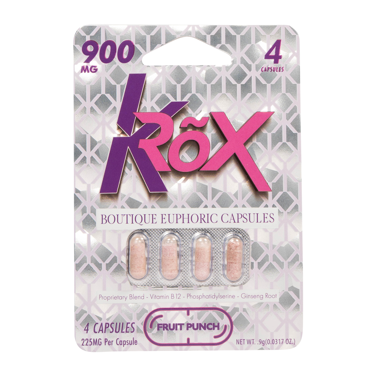 SmokeShows KRox “Special” Capsules, 900MG total, 4-count bottle showing four dark capsules in a clear container.