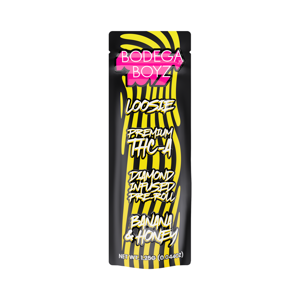 Bodega Boyz 1.25G THCA Diamond Infused Pre-roll by SmokeShows, featuring a banana honey flavor and detailed packaging.