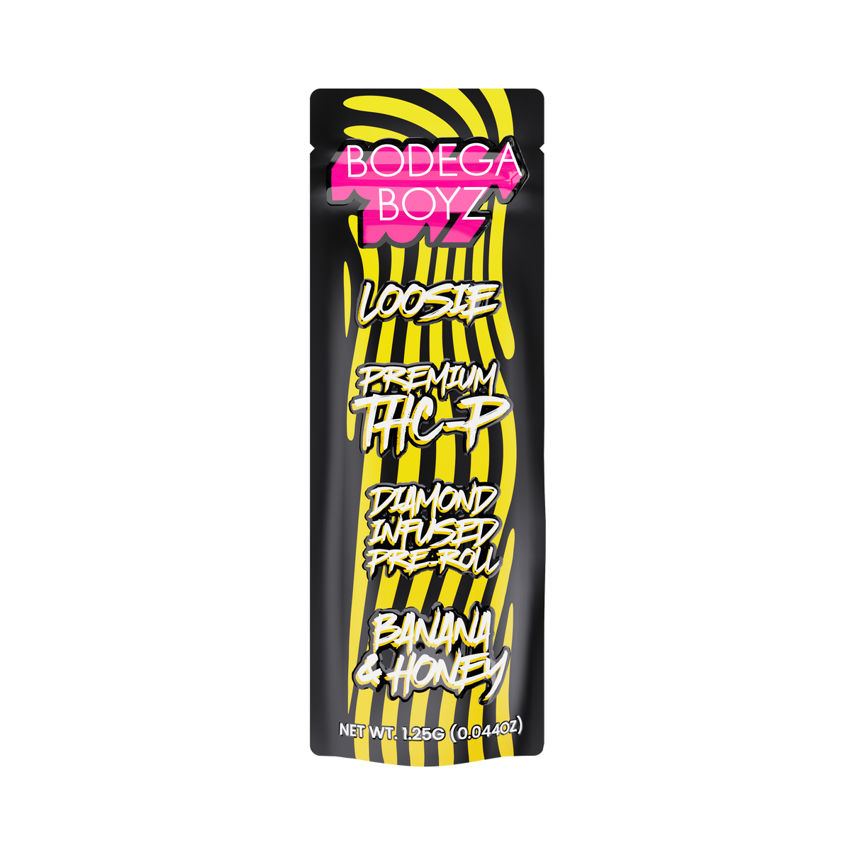 Bodega Boyz 1.25G THCP diamond-infused pre-roll with banana honey flavor, by SmokeShows, shown with packaging and pre-roll.