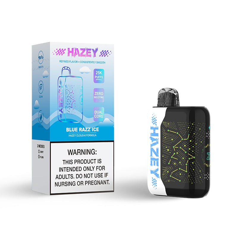 Blue Raz Ice Hazey 25K Cloud-6 disposable vape by SmokeShows with sleek design and vibrant blue and purple accents.