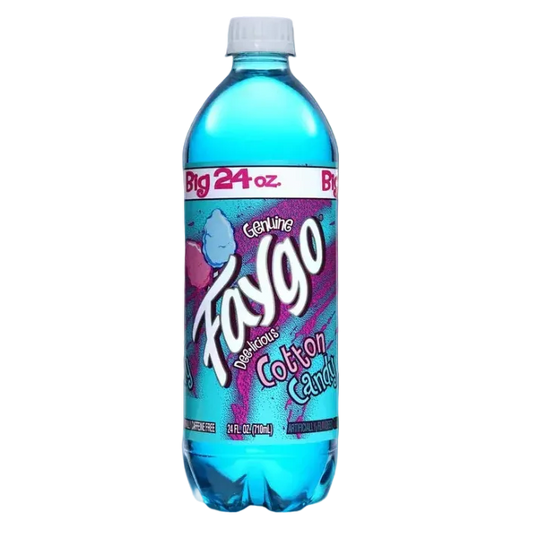Sweet Palace Faygo Cotton Candy Energy Drink 24oz soda bottle with colorful label and vibrant cotton candy imagery.