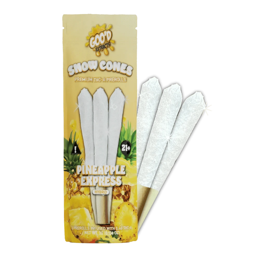 SmokeShows GOO'D Snow Cones Hemp Pre Rolls, hybrid Pineapple Express flavor, featuring rolled hemp pre-rolls with colorful packaging.