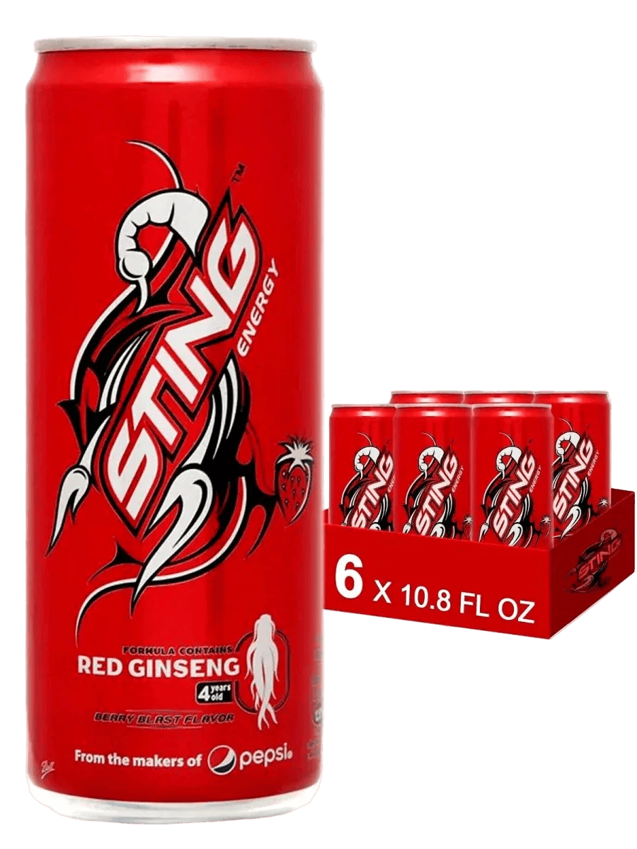 Red can of Sting Energy Drink with bold branding, showcasing the vibrant design of the Sting Energy energy drink.